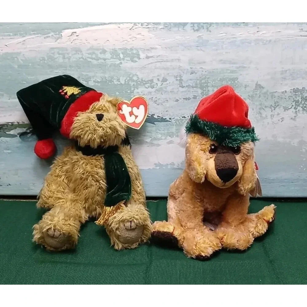 Lot Of 2 Christmas TY Beanie Babies JinglePup & Spruce Attic Treasures Santa Hat